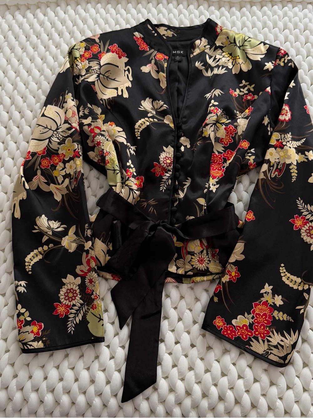 MSK Black Floral Tie-Waist Kimono Blouse with Gold and Red Accents